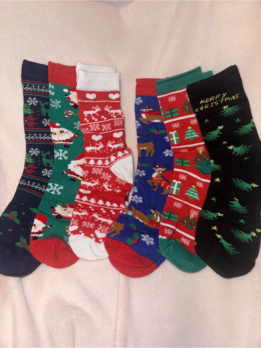 6 pair Holiday Crew Socks - Assorted Red, Green, Blue, Black
